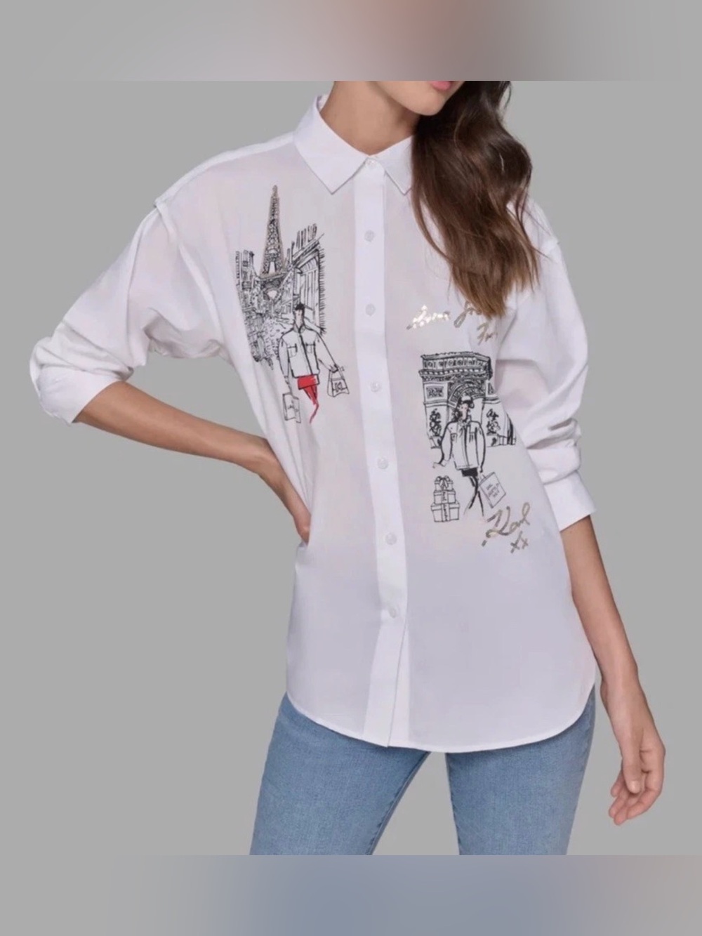 KARL LAGERFELD PARIS Embellished Oversized Poplin Button Down Shirt White Sz M